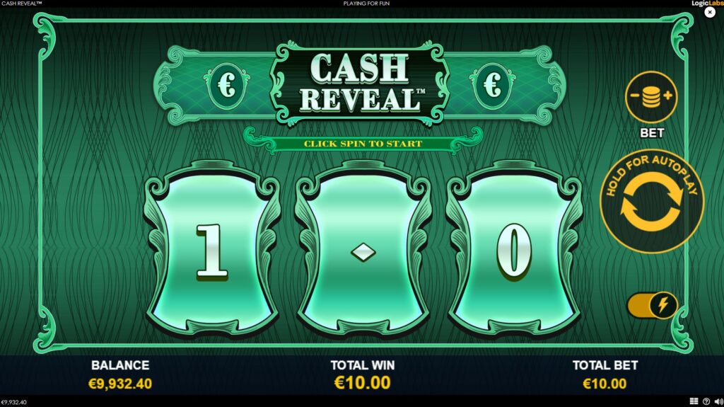 The main game screen of the Cash Reveal slot, showing the 3x1 reel layout and Art Deco design.