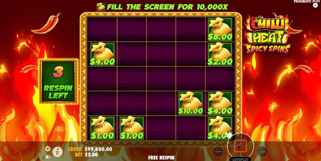 The 5x5 grid during the Chilli Heat Spicy Spins Respins Feature with Money Symbols.