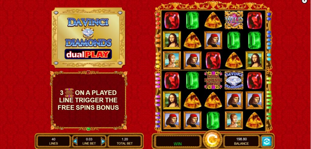 Da Vinci Diamonds Dual Play slot main game screen with dual reels and art symbols by IGT.