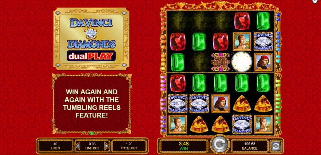 Tumbling Reels feature active in Da Vinci Diamonds Dual Play, with symbols disappearing and new ones falling.