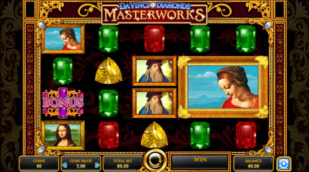 Da Vinci Diamonds Masterworks slot base game screen with symbols and reels layout by IGT