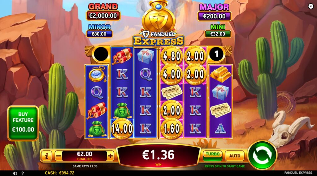FanDuel Express slot main game screen with reels and jackpots displayed.