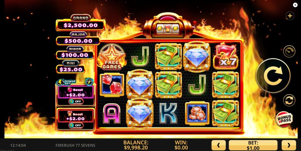  The base game reels of the Firerush 77 Sevens slot machine by High 5 Games.