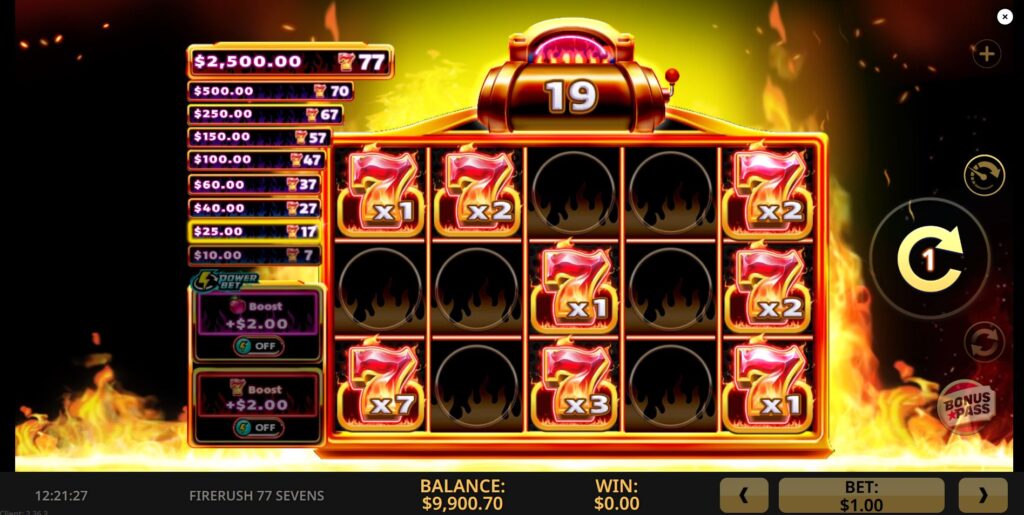 The Firerush Sevens Loot Link bonus round, showing 7s symbols with multipliers.