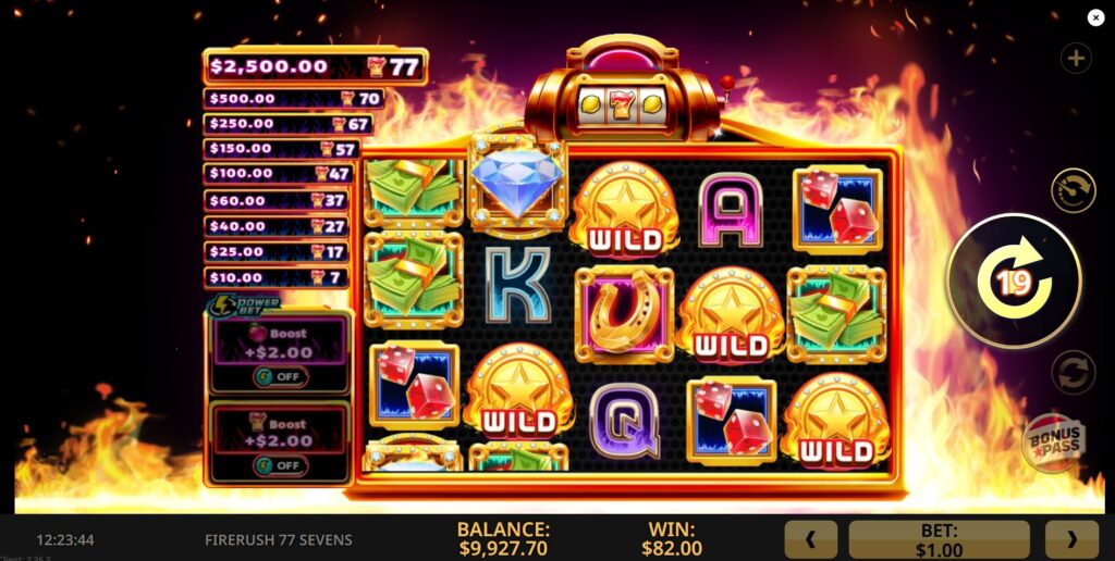 A winning combination during the Free Games bonus round in the Firerush 77 Sevens game.