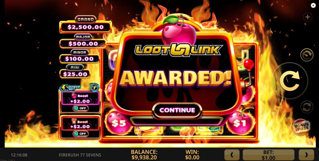 Triggering the Scatter Loot Link feature in the Firerush 77 Sevens slot with multiple cherry symbols.