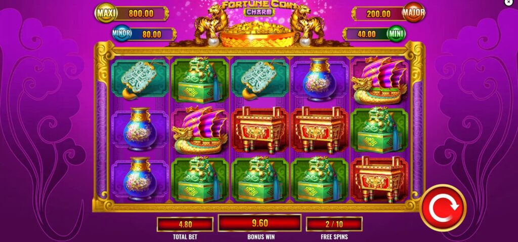  Fortune Coin Charm Free Spins bonus round starting, featuring the "Minors Removed" enhancement.