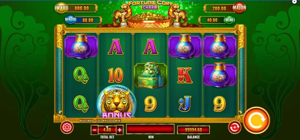 Fortune Coin Charm slot main game screen with 5x3 reels, Asian symbols, and jackpot displays.