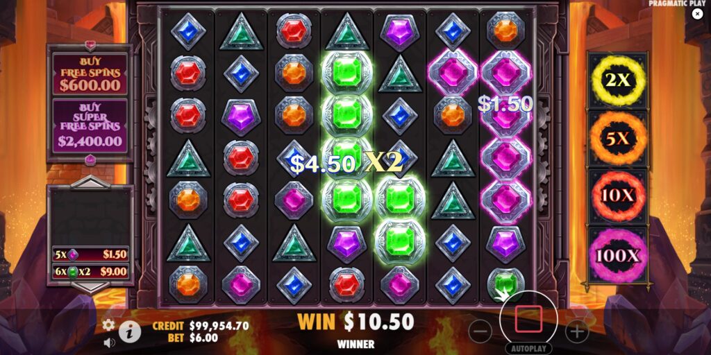 A winning cluster of gem symbols formed on the Gem Fire Fortune slot grid before tumbling.