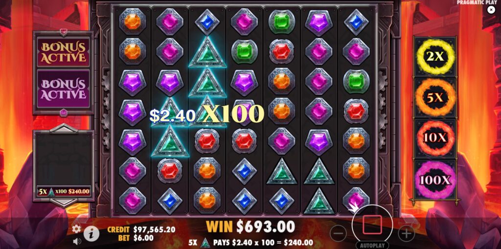 The Gem Fire Fortune Free Spins round active, showing remaining spins and a win with a guaranteed multiplier.