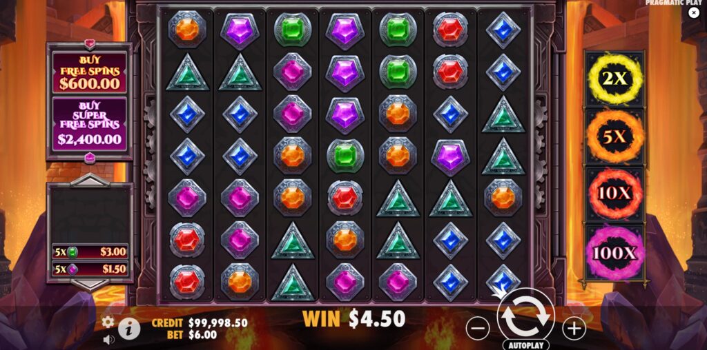 Gem Fire Fortune slot main game interface with 7x7 grid, gem symbols, feature buy, and multiplier display.