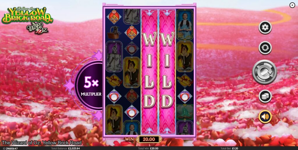 The Glinda the Good Witch feature activating with expanding wild reels and multipliers.
