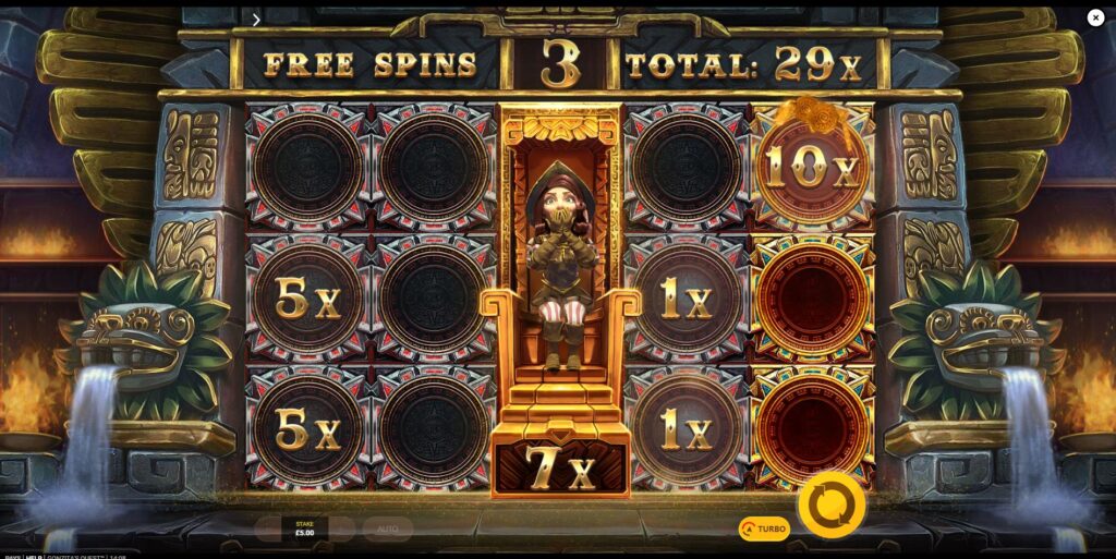 Gonzita seated on the Golden Throne at the beginning of the Free Spins bonus round, with the respin counter visible.