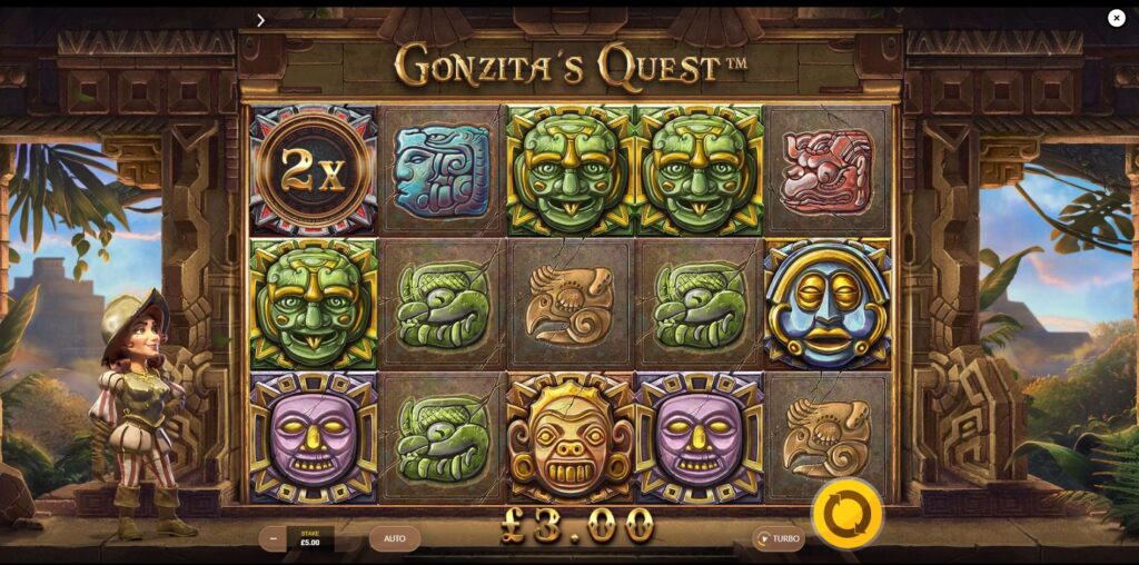 The main game screen of the Gonzita's Quest slot, showing the 5x3 stone reels and the protagonist Gonzita beside the temple entrance.