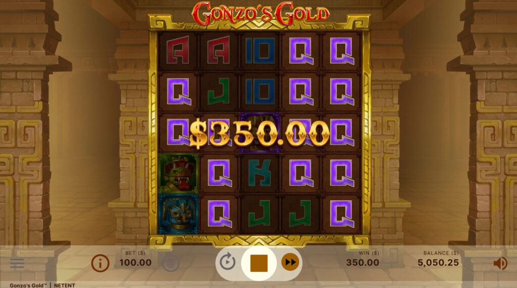 A winning combination formed by a large cluster of premium symbols in the Gonzo's Gold base game.