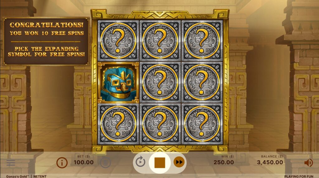 The pick-and-click screen in Gonzo's Gold where the player selects the special expanding symbol.