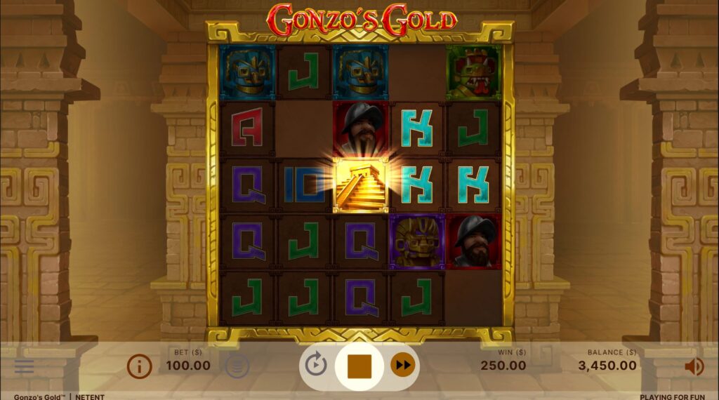 Three Golden Pyramid scatter symbols on the reels, triggering the Free Spins bonus in Gonzo's Gold.