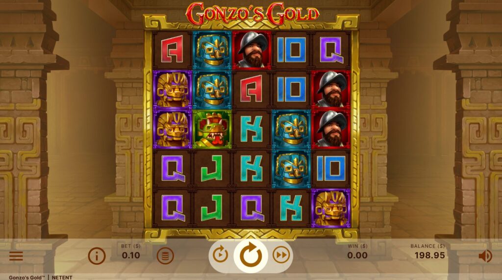 The 5x5 game grid of the Gonzo's Gold slot by NetEnt, showing various Incan symbols.