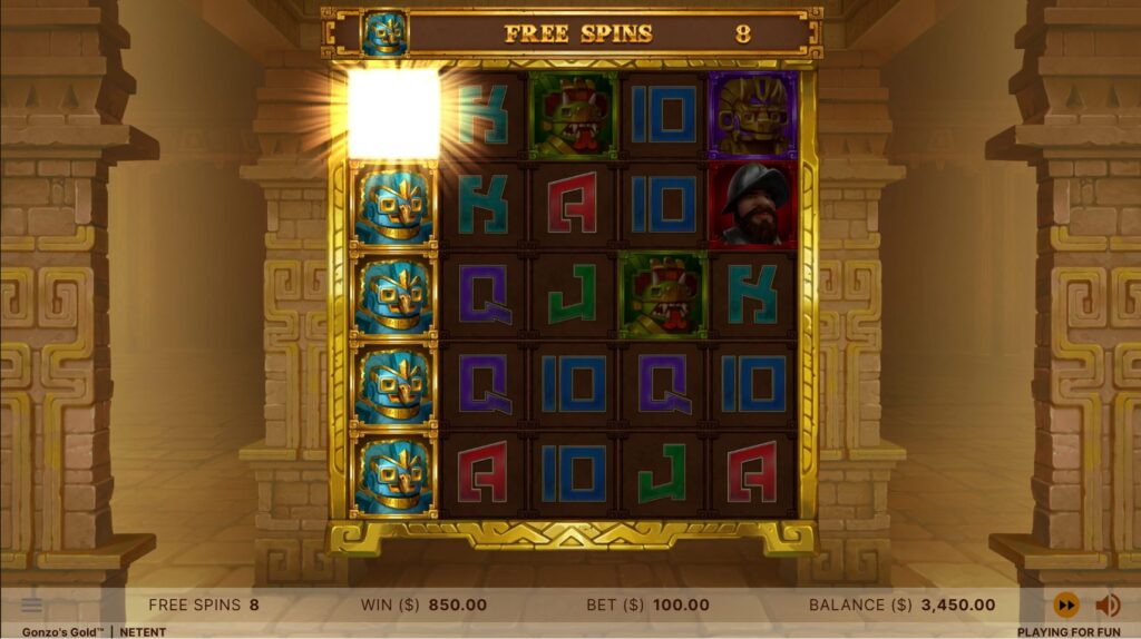 The special symbol expands to cover an entire reel during the Gonzo's Gold free spins bonus.