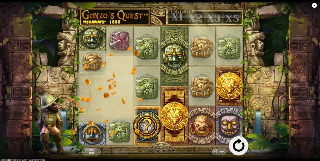 The Avalanche feature in Gonzo's Quest Megaways with winning symbols exploding from the reels.