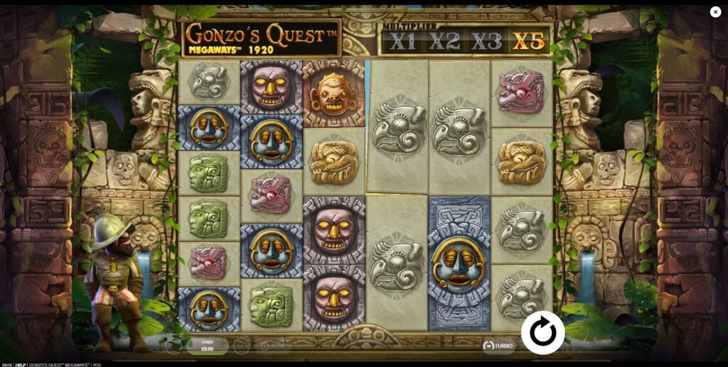 he Avalanche Multiplier meter at its 5x maximum in the Gonzo's Quest Megaways base game.