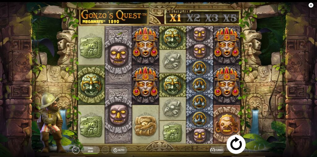 Gonzo's Quest Megaways slot base game screen showing the Megaways mechanic and the main character, Gonzo.