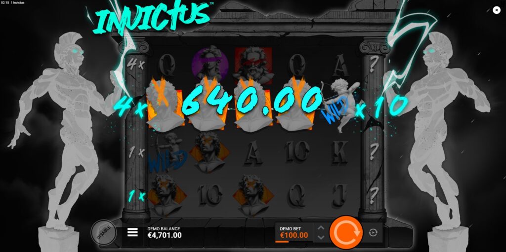 Winning combination in Invictus slot with active Pantheon Multipliers boosting the payout