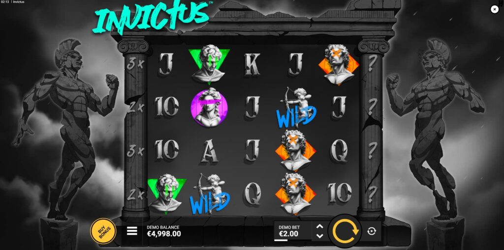 Invictus slot base game screen with 5x4 reels and ancient warrior statues