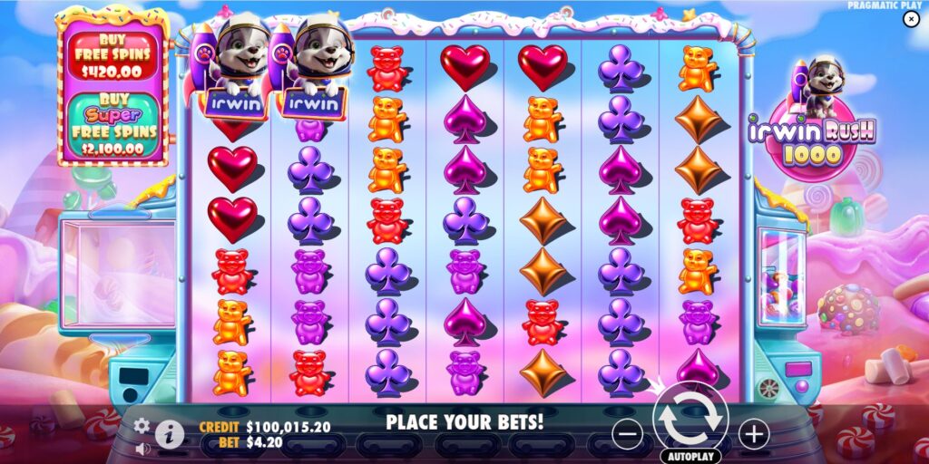 Irwin Rush 1000 slot main game screen featuring the 7x7 grid, candy symbols, and Irwin the astronaut dog mascot