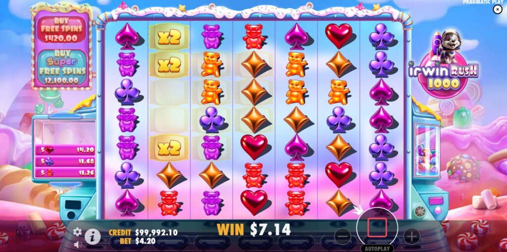 Multiplier Spots highlighted on the Irwin Rush 1000 reels with values like x4, x8 during a tumble sequence