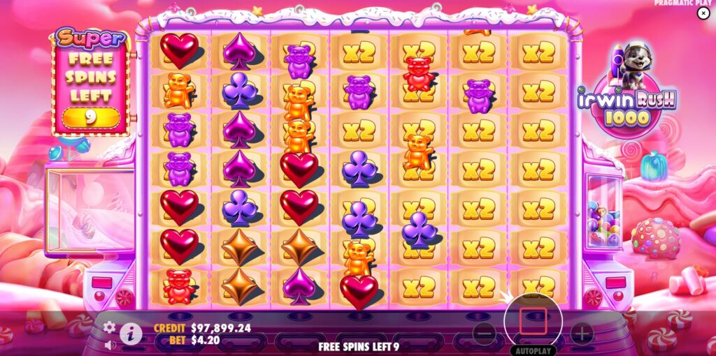 The Irwin Rush 1000 grid at the start of Super Free Spins, with all positions showing x2 multipliers
