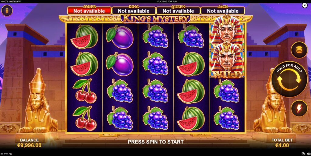 The main game screen of the King's Mystery slot by Playtech, showing fruit symbols and the Egyptian theme.