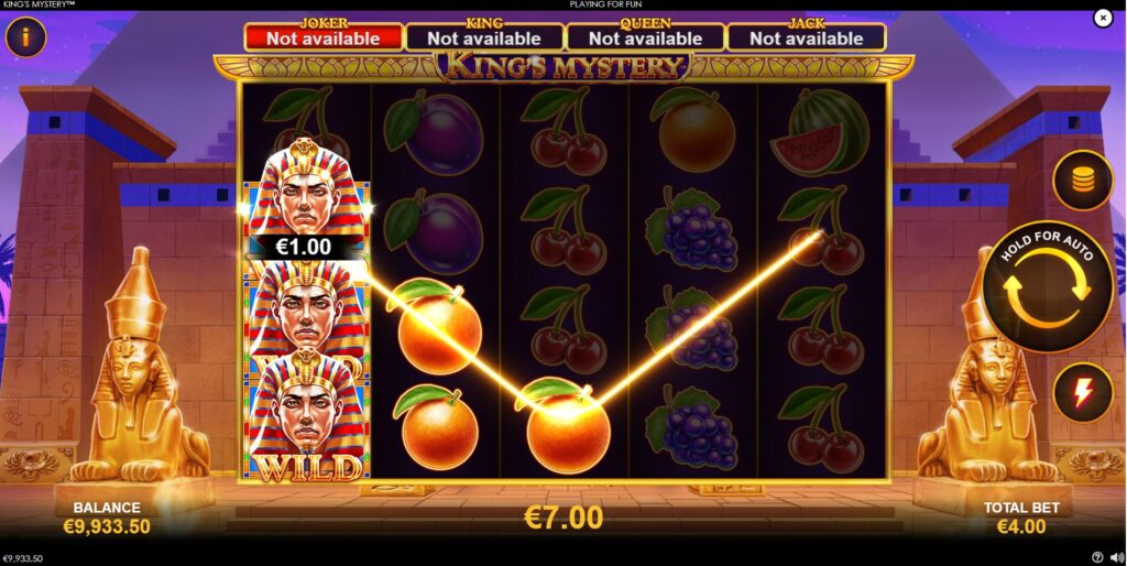 A big win in the King's Mystery slot featuring stacked Pharaoh Wild symbols.