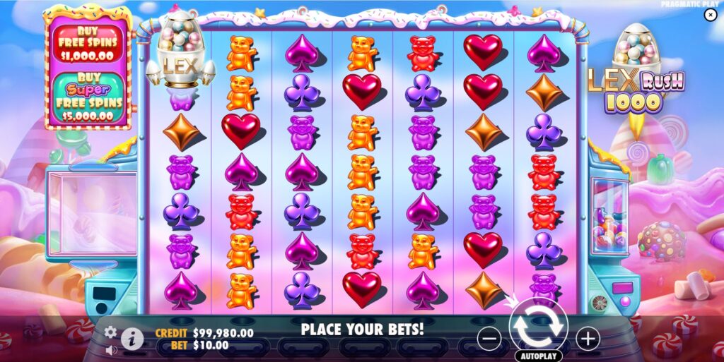 LEX Rush 1000 slot base game view with 7x7 grid and candy symbols