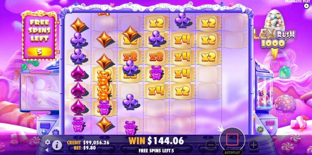 LEX Rush 1000 Free Spins round with persistent multipliers on the grid