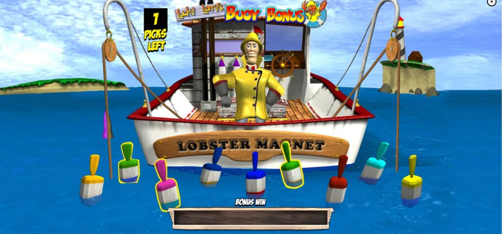 Gameplay of the Buoy Bonus round in Lobstermania MegaJackpots, selecting buoys