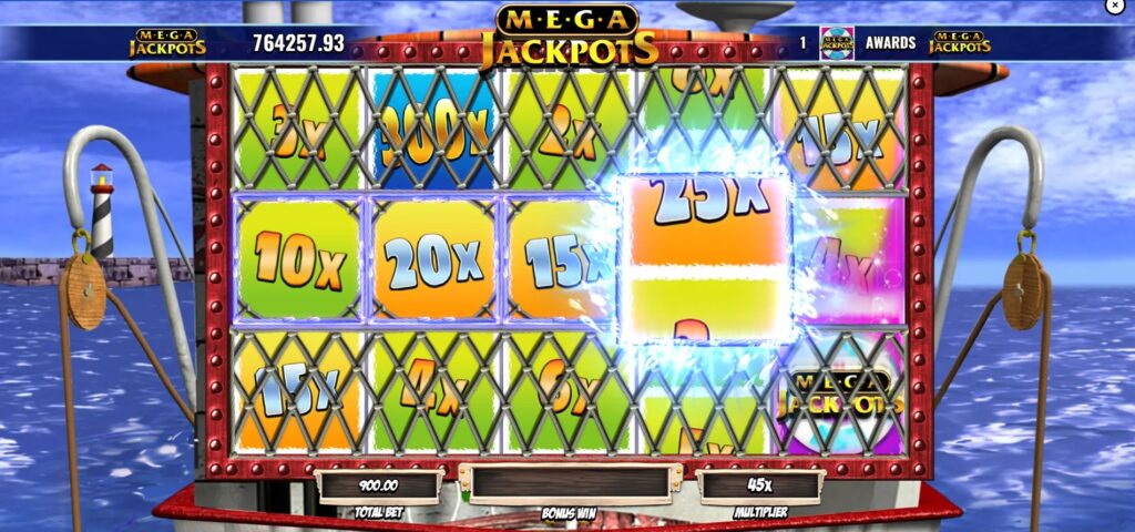 The special reels of the MegaJackpots Bonus Game in Lobstermania, showing multipliers