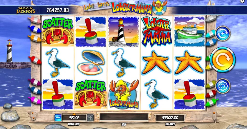 Lucky Larry's Lobstermania MegaJackpots slot main game screen with reels and symbols