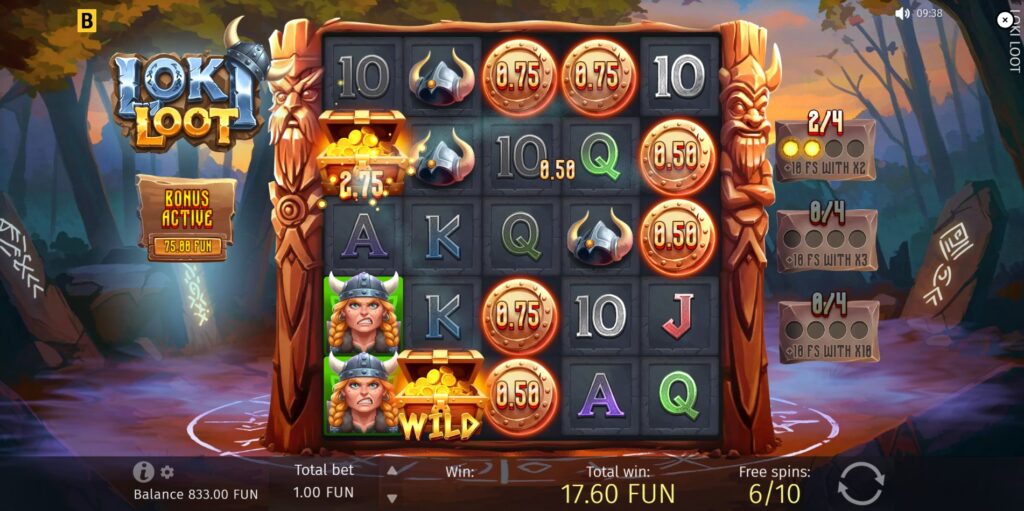 Loki Loot Free Spins round showing Wild symbol collecting Prize symbol values.