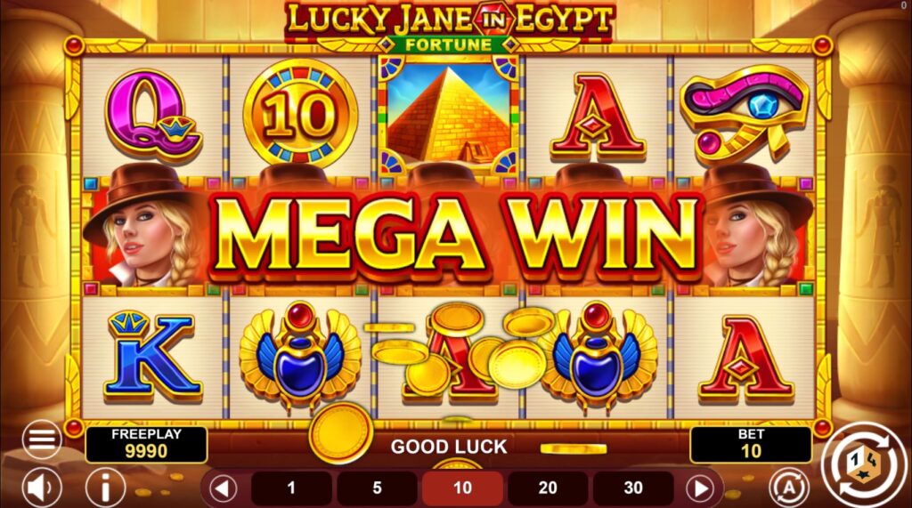 A big win combination with high-paying symbols on the Lucky Jane in Egypt Fortune slot reels.