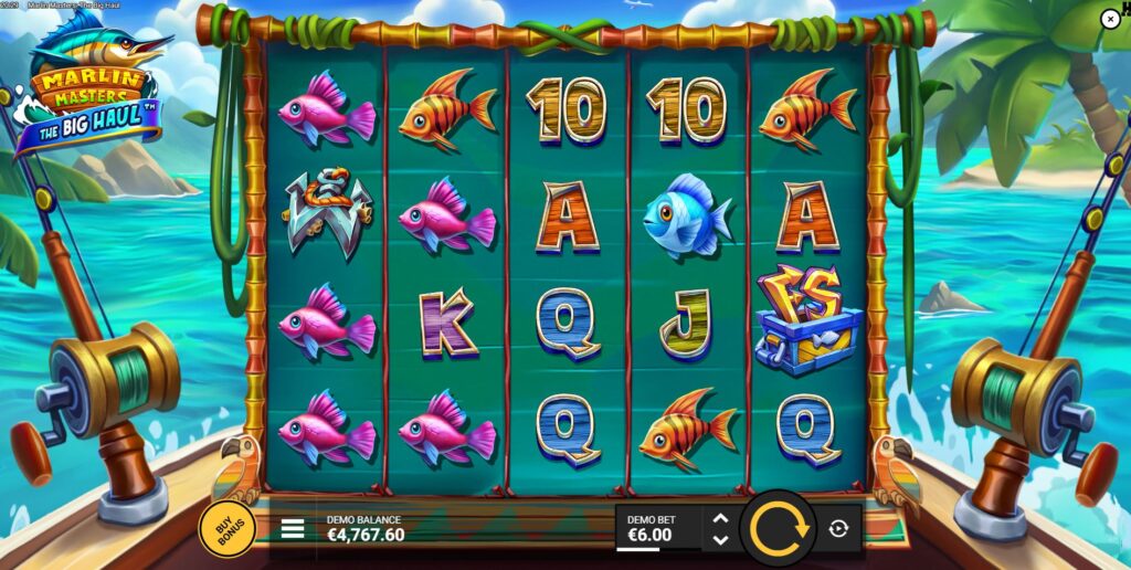 The base game grid of Marlin Masters: The Big Haul slot, showing the tropical theme and symbols.