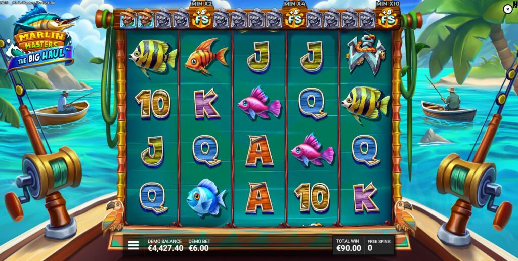 he Don't Be Koi free spins bonus round in Marlin Masters: The Big Haul, showing the Big Haul Bar.