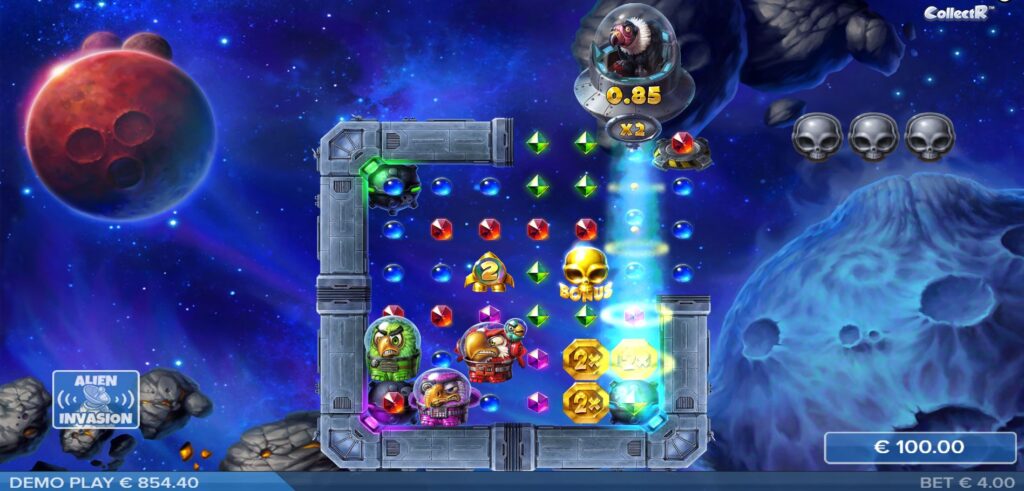 The Alien Invasion bonus round in the Pirots 4 slot, featuring the Space Bandit character.