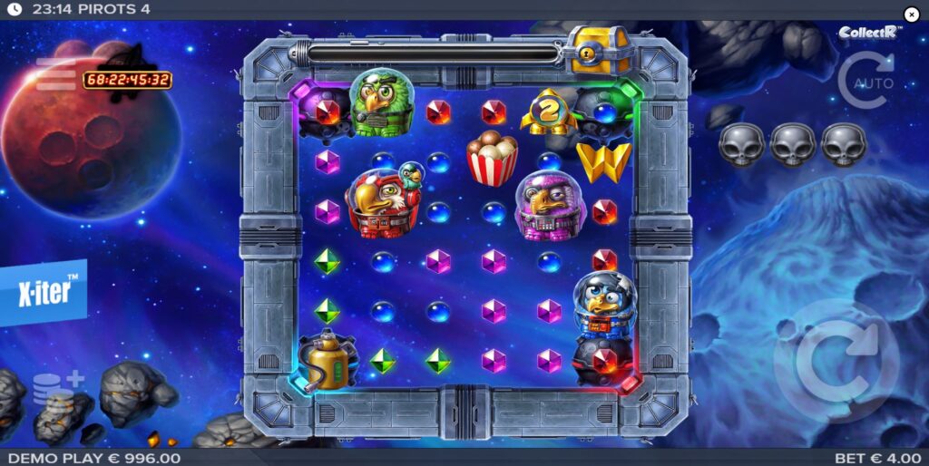 The Pirots 4 slot base game showing the 6x6 grid, four collecting bird symbols, and colorful gems.