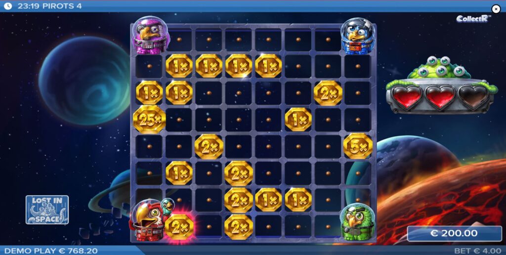 The Lost in Space coin game bonus with its 8x8 grid and instant prize symbols.