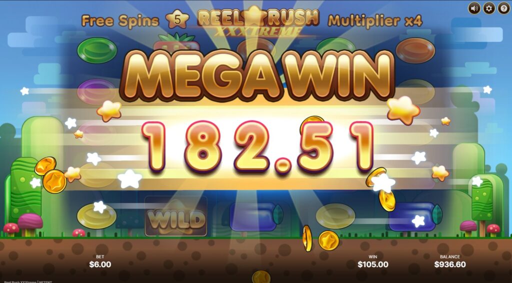 A big win screen on the Reel Rush XXXtreme slot game.