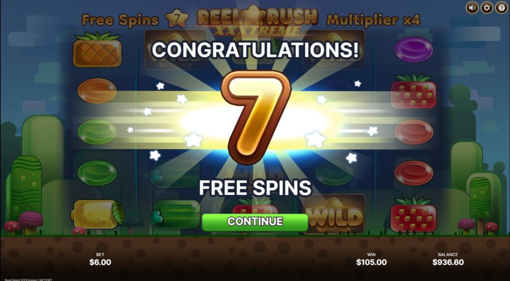 Reel Rush XXXtreme fully unlocked 5x5 grid triggering the Free Spins bonus round.