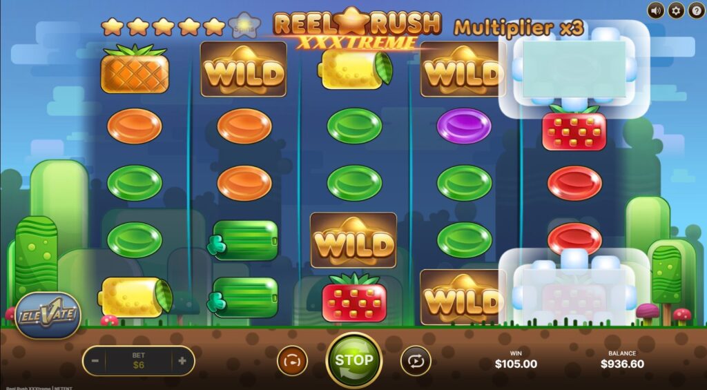 Reel Rush XXXtreme grid expanding after a Bomb symbol reveals new reel spots.