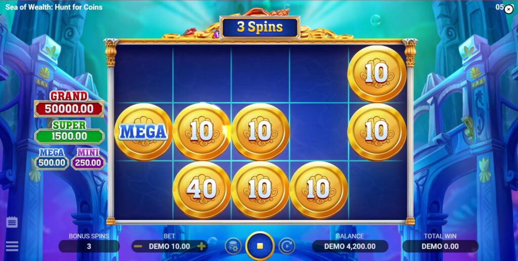 The Bonus Game round in Sea of Wealth with sticky bonus symbols and the respin counter.