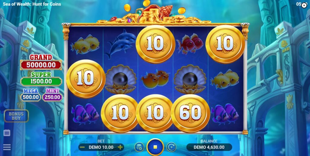 The Bonus Game being triggered by landing six coin symbols in the Sea of Wealth slot.